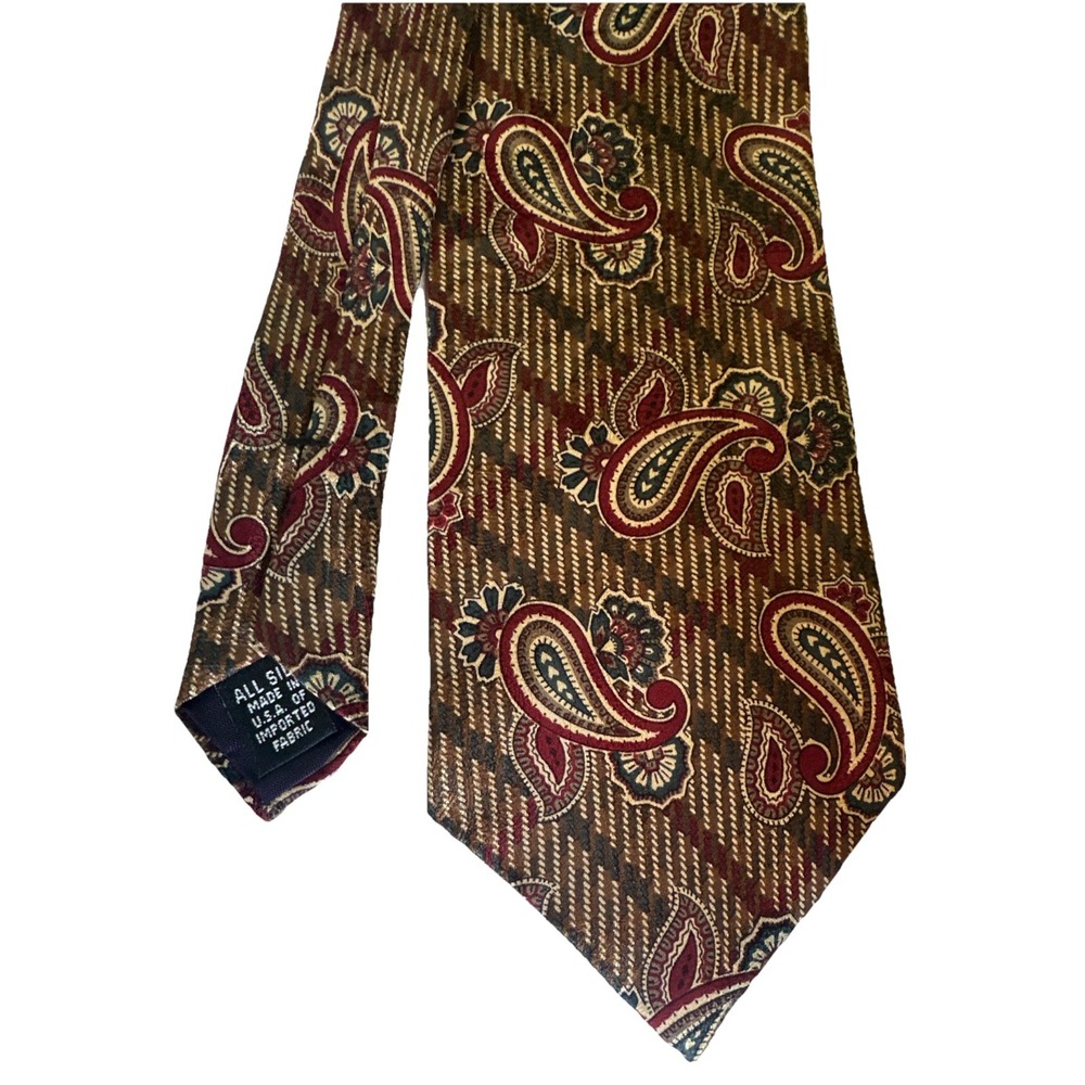 Stafford Executive Mens Silk Paisley Tie Olive Burgundy Gold Made in USA